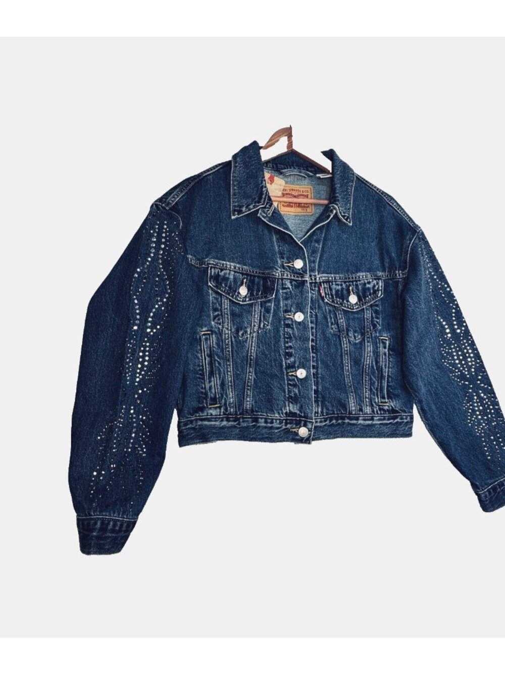 Levi's 90's Trucker Jacket Small Shrunken Rhinestone Denim Jacket D.Wash Western - Picture 8 of 13